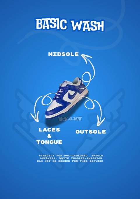 Basic Wash service coverage: midsole, laces and tongue, outsole
